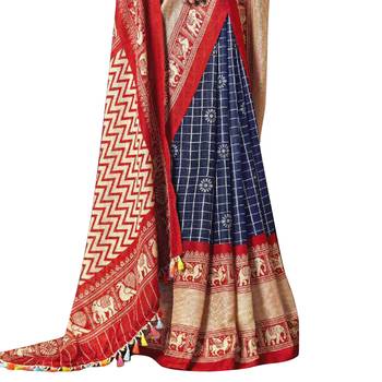 Blue printed linen saree with blouse 3