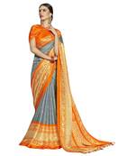 Orange printed linen saree with blouse
