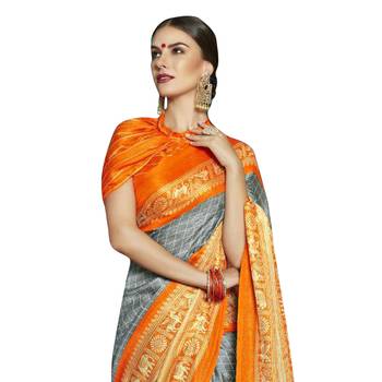 Orange printed linen saree with blouse 2