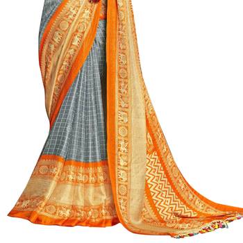Orange printed linen saree with blouse 3