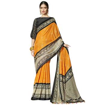 Orange printed linen saree with blouse 1