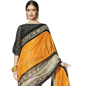 Orange printed linen saree with blouse 2