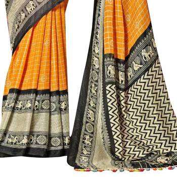 Orange printed linen saree with blouse 3
