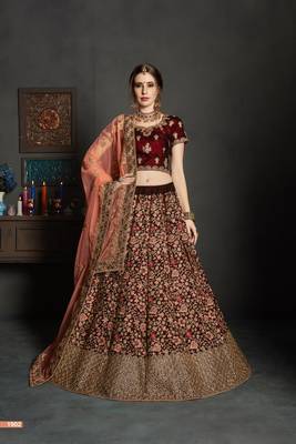Maroon Embroidered Velvet Semi Stitched Lehenga 1