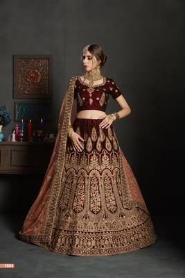 Maroon Embroidered Velvet Semi Stitched Lehenga 1