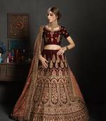 Maroon Embroidered Velvet Semi Stitched Lehenga
