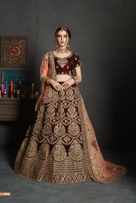 Maroon Embroidered Velvet Semi Stitched Lehenga 1