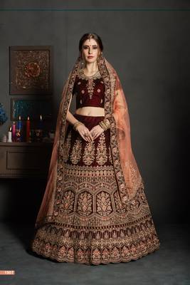 Maroon Embroidered Velvet Semi Stitched Lehenga 1