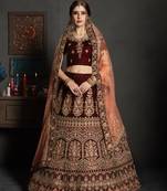 Maroon Embroidered Velvet Semi Stitched Lehenga