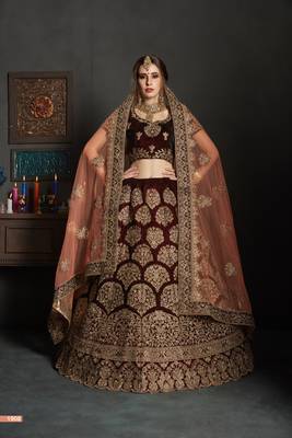 Maroon Embroidered Velvet Semi Stitched Lehenga 1