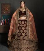 Maroon Embroidered Velvet Semi Stitched Lehenga
