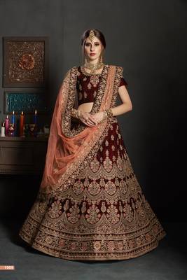 Maroon Embroidered Velvet Semi Stitched Lehenga 1