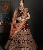 Maroon Embroidered Velvet Semi Stitched Lehenga