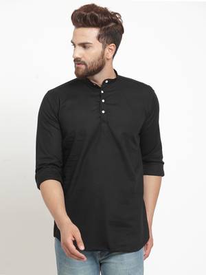 Black Plain Cotton Men Kurtas 1