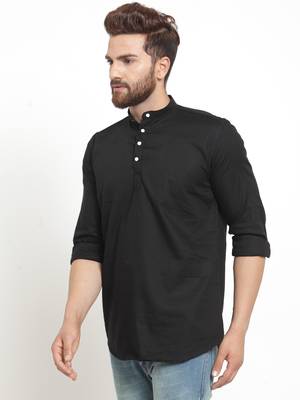 Black Plain Cotton Men Kurtas 3