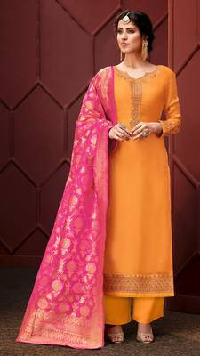 Yellow Embroidered Faux Georgette Salwar 1