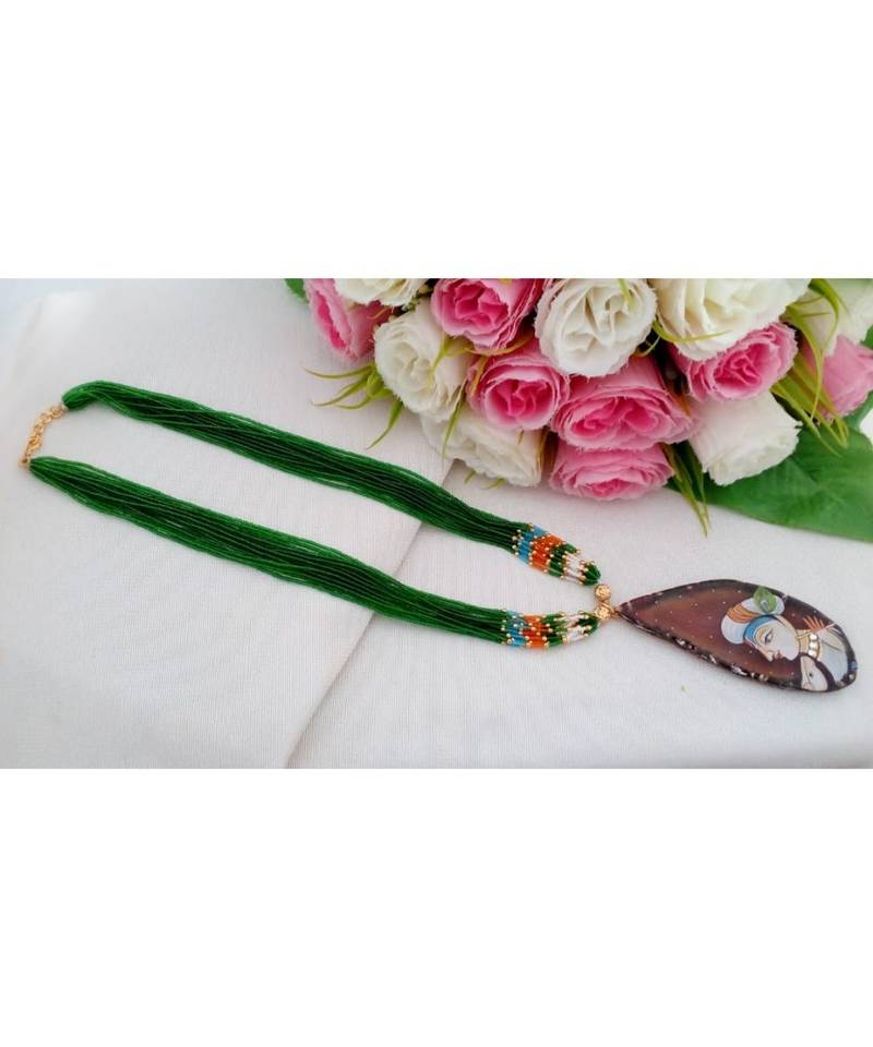 Real Hand Made Seed Made Long Neck Wear With Hand Paintedtanjore Art Druzy Stone Pendant