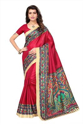 Red printed art silk saree with blouse 1