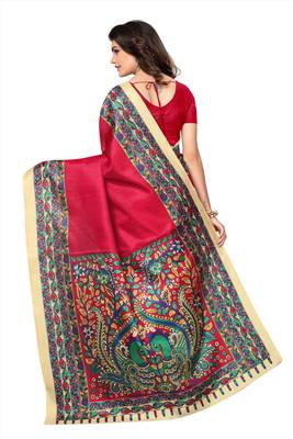 Red printed art silk saree with blouse 2