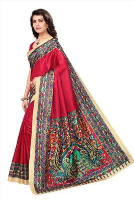 Red printed art silk saree with blouse 3