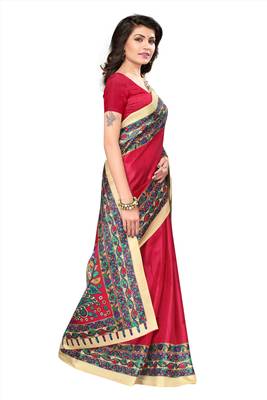 Red printed art silk saree with blouse 4