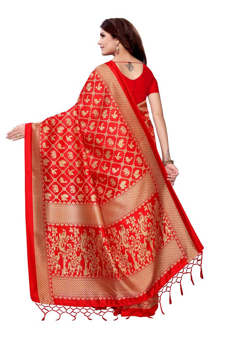 Red printed art silk sarees saree with blouse