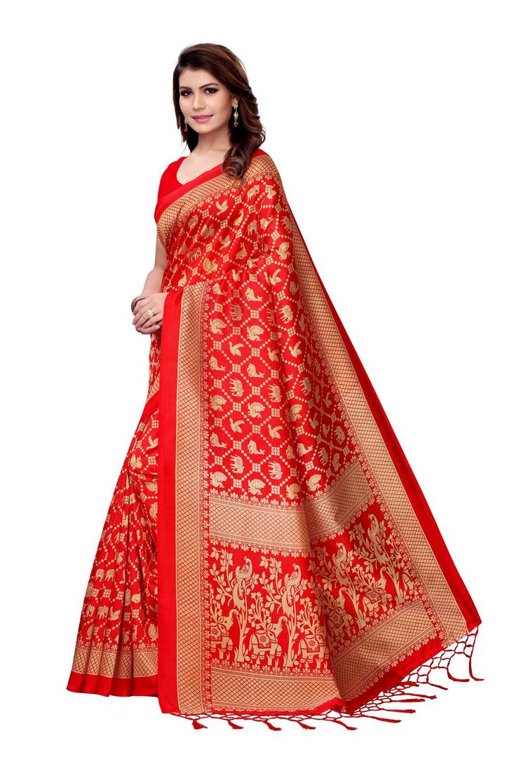 Red printed art silk sarees saree with blouse