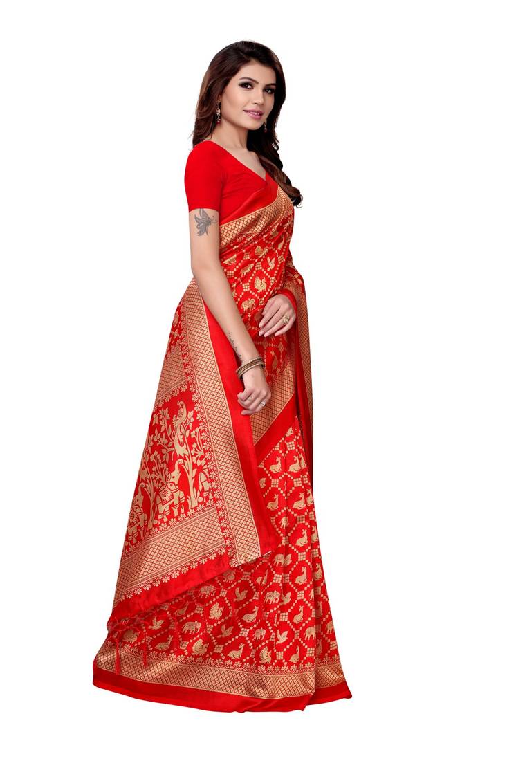 Red printed art silk sarees saree with blouse