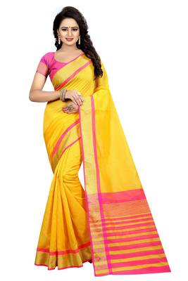 Yellow woven cotton silk saree with blouse 1