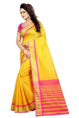 Yellow woven cotton silk saree with blouse 3