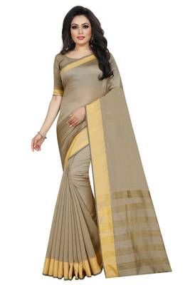 Beige Cotton Silk Printed Saree with Blouse 1
