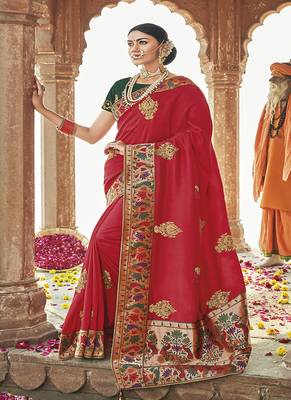 Red embroidered silk blend saree with blouse 1