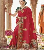 Red embroidered silk blend saree with blouse