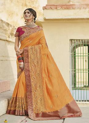 Mustard embroidered cotton silk blend saree with blouse 1