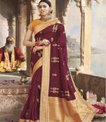   burgundy embroidered cotton silk blend saree with blouse