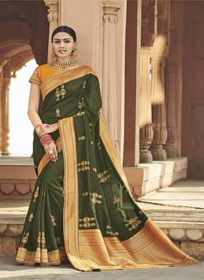 Mehendi embroidered cotton silk blend saree with blouse 1