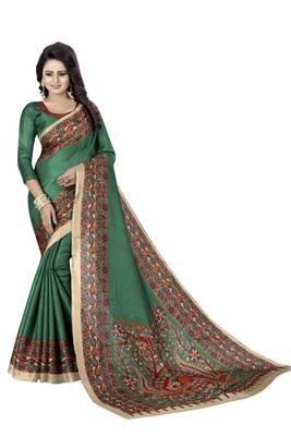 Green printed art silk sarees saree with blouse 1