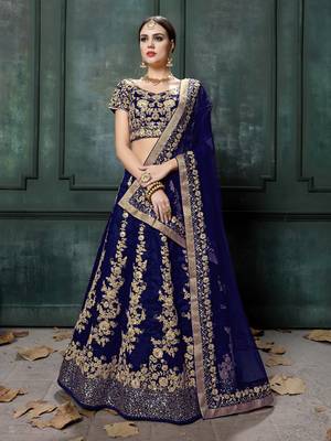 Navy-Blue Embroidered Dupion Silk Semi Stitched Lehenga 1