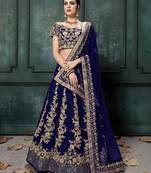 Navy-Blue Embroidered Dupion Silk Semi Stitched Lehenga