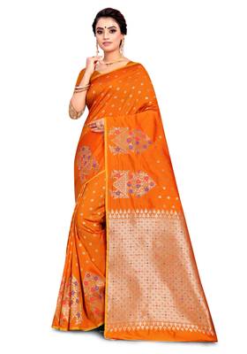 Orange woven art silk saree with blouse 1