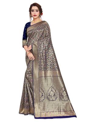 Blue woven art silk saree with blouse 1