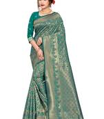 turquoise woven art silk saree with blouse