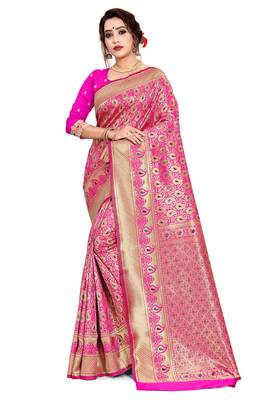 Pink woven art silk saree with blouse 1