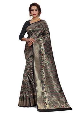 Black woven art silk saree with blouse 1