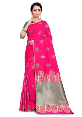 Pink woven art silk saree with blouse 1