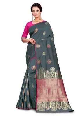 Grey woven art silk saree with blouse 1