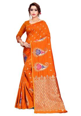 Orange woven art silk saree with blouse 1