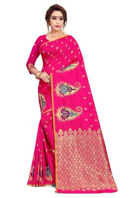 Pink woven art silk saree with blouse 1