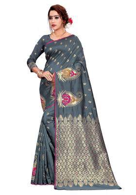 Grey woven art silk saree with blouse 1