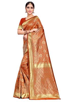 Orange woven art silk saree with blouse 1